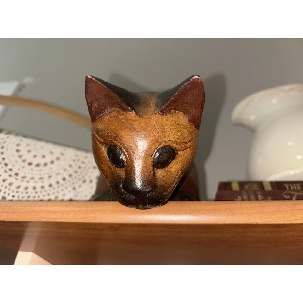 Vintage Handmade Carved Wooden Cat Shelf Sitter Peeking Cat Folk Art